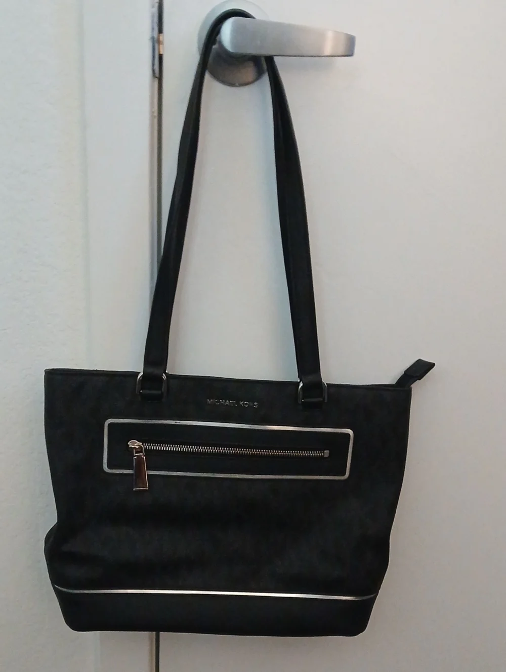Michael Kors Black Logo Tote with Silver Trim and Front Zip